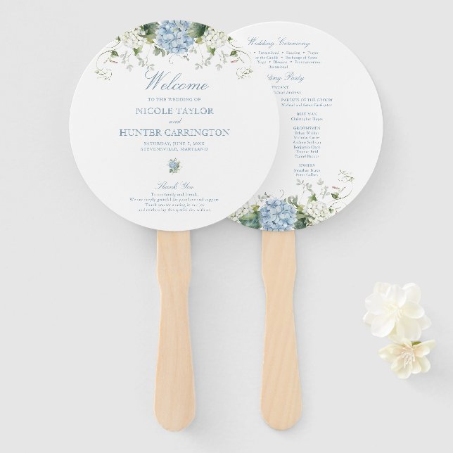 Abanico Programa de Ceremonia de Boda de Hortensia Azul (Anverso y reverso)