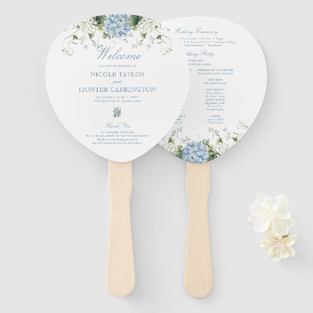Abanico Programa de Ceremonia de Boda de Hortensia Azul (Anverso y reverso)