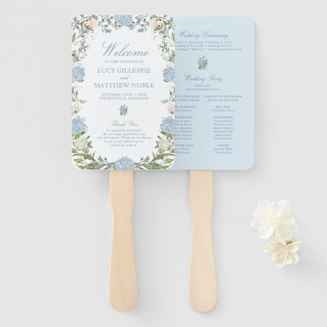 Abanico Programa de Ceremonia de Boda de Hortensia Azul Po (Anverso y reverso)