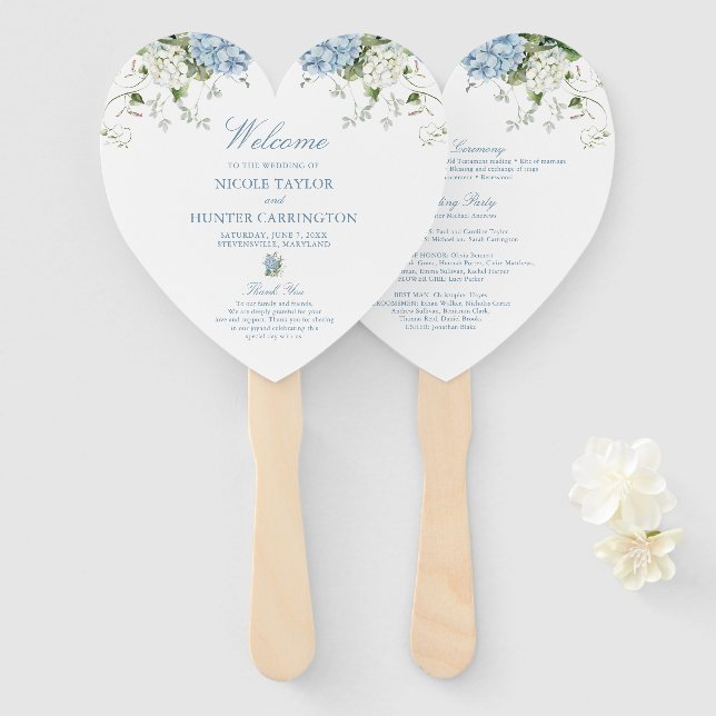 Abanico Programa de Ceremonia de Boda de Hortensia Azul Po (Anverso y reverso)
