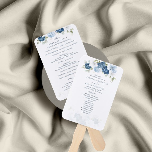 Abanico Programa de Ceremonia de Boda de la Foliage Azul c (Dusty Blue Floral Watercolor Wedding Program Hand Fan)