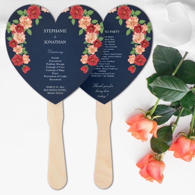 Abanico Programa de ceremonia de Boda de Rosa de Naranja R (Navy Blue Red Orange Rose Wedding Ceremony Program Hand Fan)