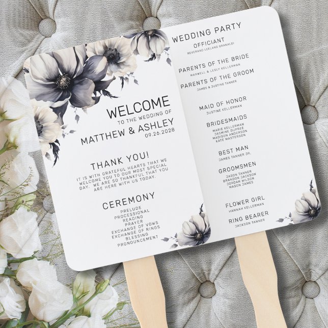 Abanico Programa de Ceremonia de Boda Floral Blanco Negro (Ceremony Programs Boho Floral Black White Wedding Hand Fan)