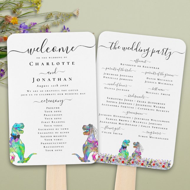 Abanico Programa de Ceremonia de Boda Floral con Tema de D (Watercolor wildflower dinosaur T-Rex bride and groom wedding ceremony program fan Vibrant bold color)