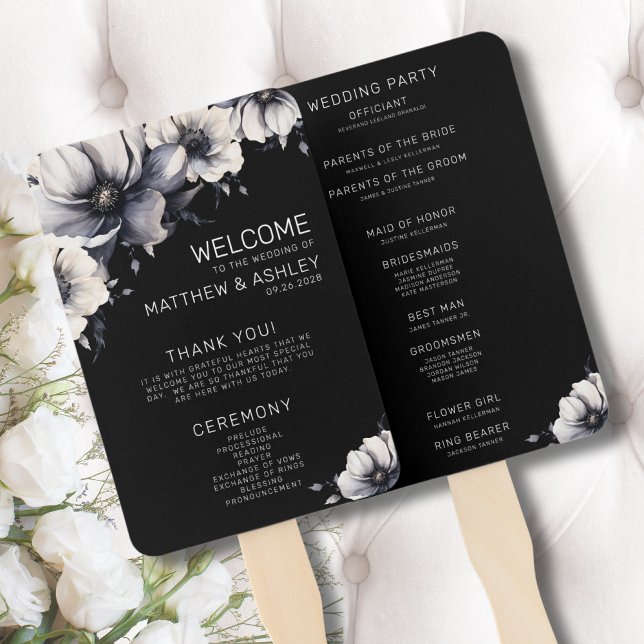 Abanico Programa de Ceremonia de Boda Floral Negro Moderno (Ceremony Program Modern Floral Black White Wedding Hand Fan)