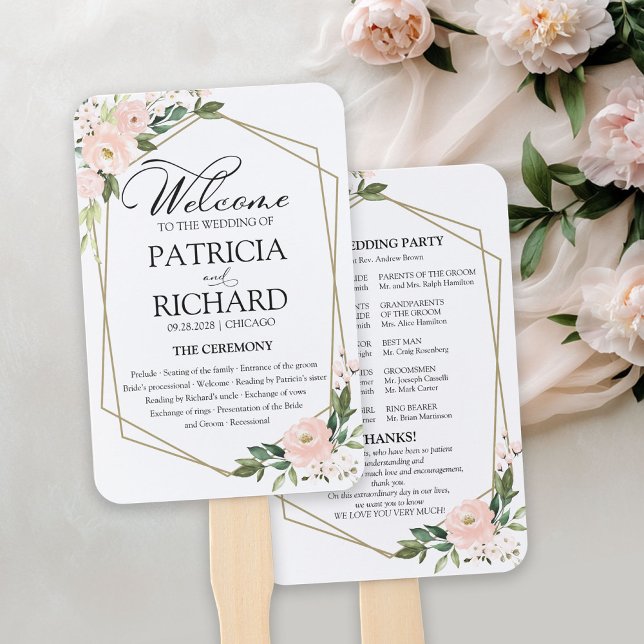 Abanico Programa de Ceremonia de Boda Floral Rubor Rosa (Subido por el creador)