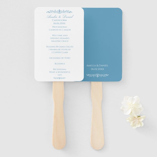 Abanico Programa de Ceremonia de Boda Regency Azul y Blanc (Anverso y reverso)