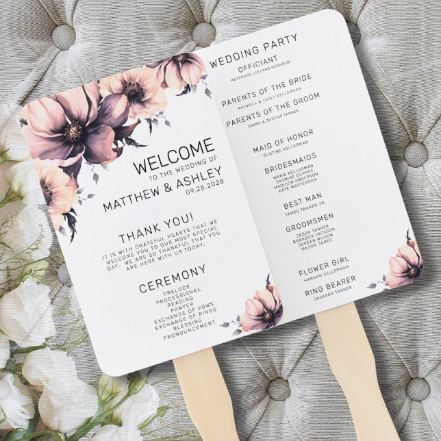 Abanico Programa de Ceremonia de Boda Rosa Floral Boho (Ceremony Programs Modern Boho Floral Pink Wedding Hand Fan)