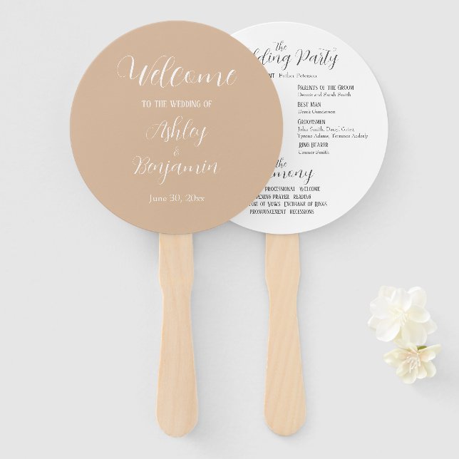 Abanico Programa de Ceremonia de Boda Simple Beige (Anverso y reverso)