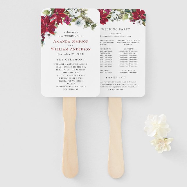 Abanico Programa de ceremonias de Boda de la elegante poin (Anverso y reverso)