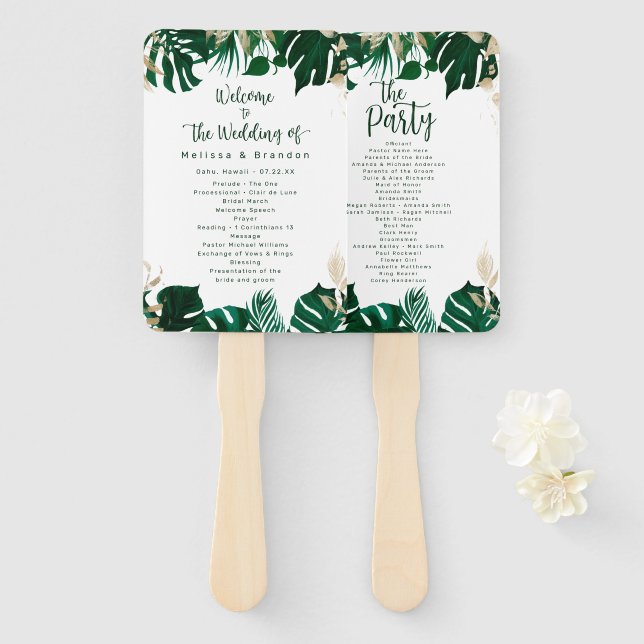 Abanico Programa de ceremonias de Boda de la vegetación tr (Anverso y reverso)