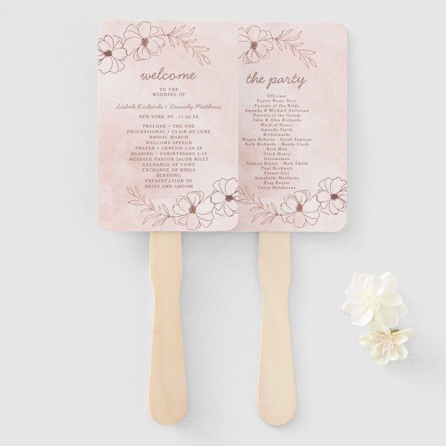 Abanico Programa de ceremonias de Boda de oro rosa y Rosa  (Anverso y reverso)