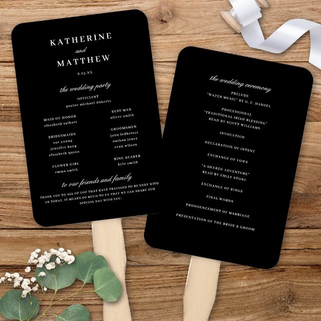 Abanico Programa de ceremonias de Boda negro de Moda elega (Elegant Chic Black & White Wedding Ceremony Program Hand Fan)