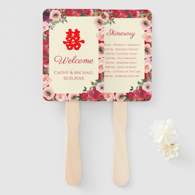Abanico Programa de doble felicidad en el jardín boda chin (Anverso y reverso)