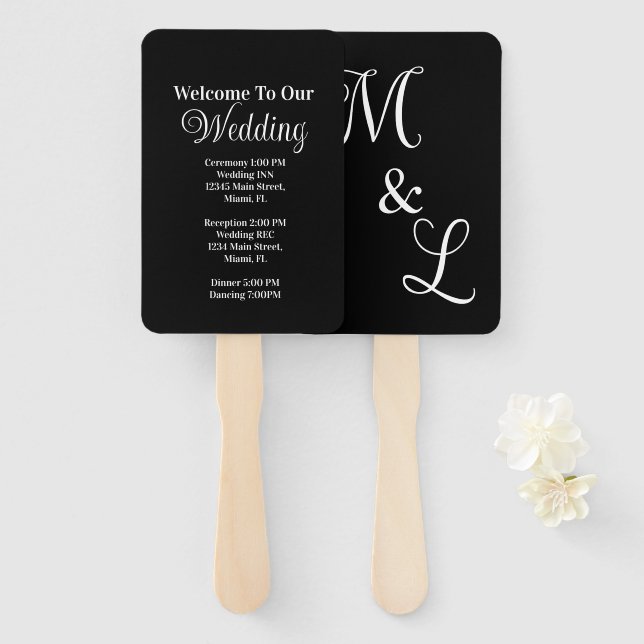 Abanico Programa de Evento de Boda con Guión Moderno Negro (Anverso y reverso)