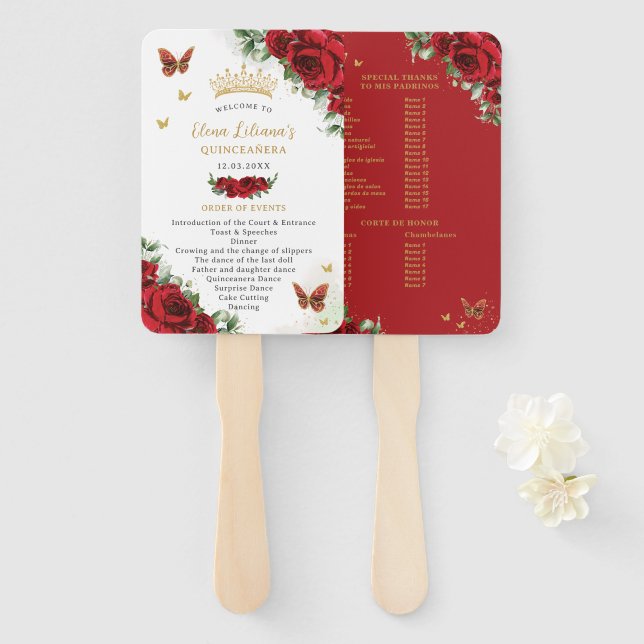 Abanico Programa de Eventos Florales Rojas de Quinceañera (Anverso y reverso)