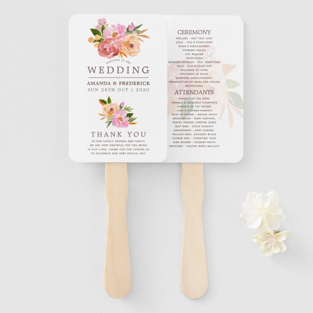 Abanico Programa de flores de acuarela para boda de primav (Anverso y reverso)
