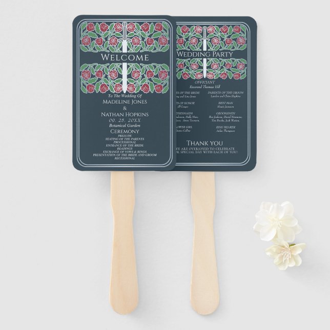 Abanico Programa de la boda real con espada floral platead (Anverso y reverso)