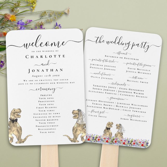 Abanico Programa de la Ceremonia de Boda con Tema de Dinos (Funny dinosaur bride and groom custom wedding ceremony program fans Watercolor wildflower meadow )