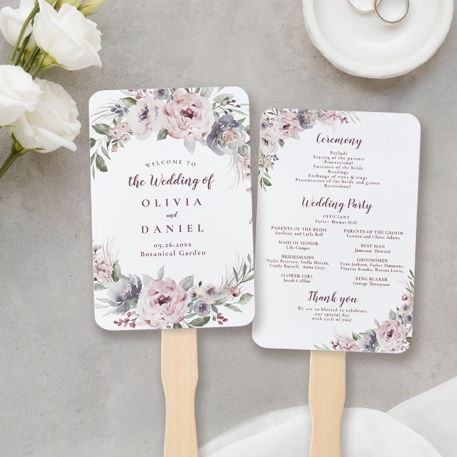 Abanico Programa de mano de boda floral boho rosa polvorie (Dusty pink boho floral rustic wedding program hand hand fan)