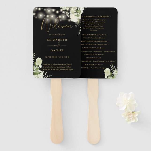 Abanico Programa de matrimonio Black Gold Floral String Li (Anverso y reverso)