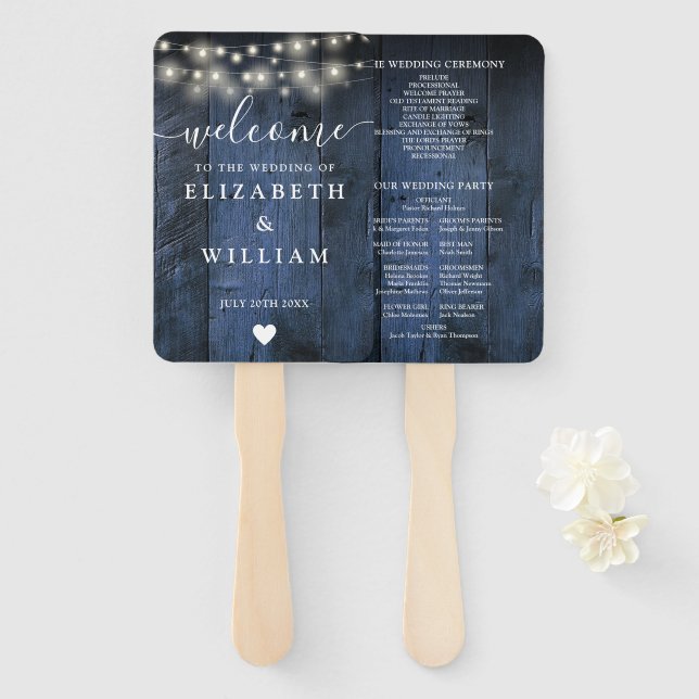 Abanico Programa de matrimonio Blue Rustic Wood String Lig (Anverso y reverso)