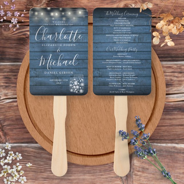 Abanico Programa de matrimonio Blue Rustic Wood String Lig (Blue Rustic Wood String Lights Wedding Program Hand Fan)