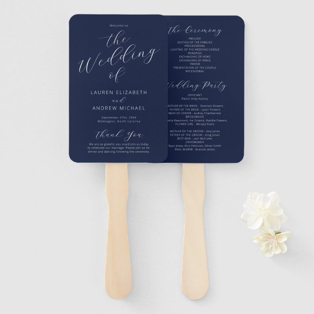 Abanico Programa de matrimonio de caligrafía moderna azul  (Anverso y reverso)