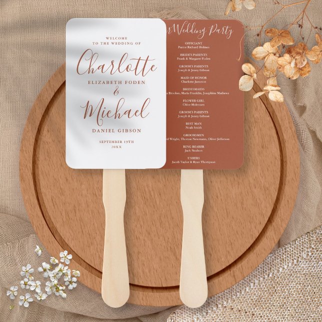 Abanico Programa de matrimonio de escritura de firma de te (Terracotta Signature Script Wedding Program Hand Fan)