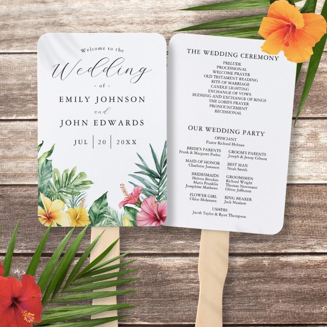 Abanico Programa de matrimonio de flores tropicales acuare (Watercolor Tropical Flowers Wedding Program Hand Fan)