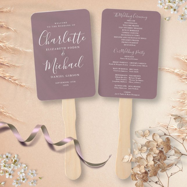 Abanico Programa de matrimonio de guiones de firma malva (Mauve Signature Script Wedding Program Hand Fan)