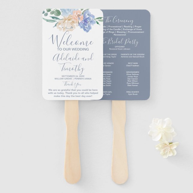 Abanico Programa de matrimonio Dusty Blue Florals (Anverso y reverso)