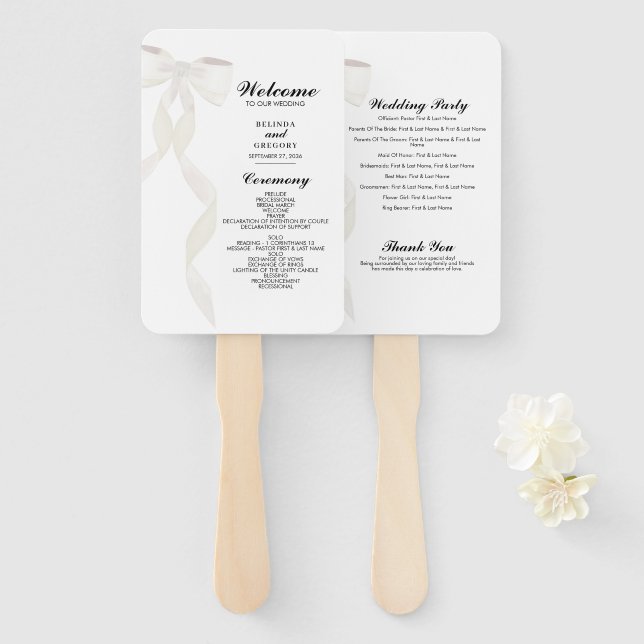 Abanico Programa de matrimonio elegante de cinta blanca fo (Anverso y reverso)