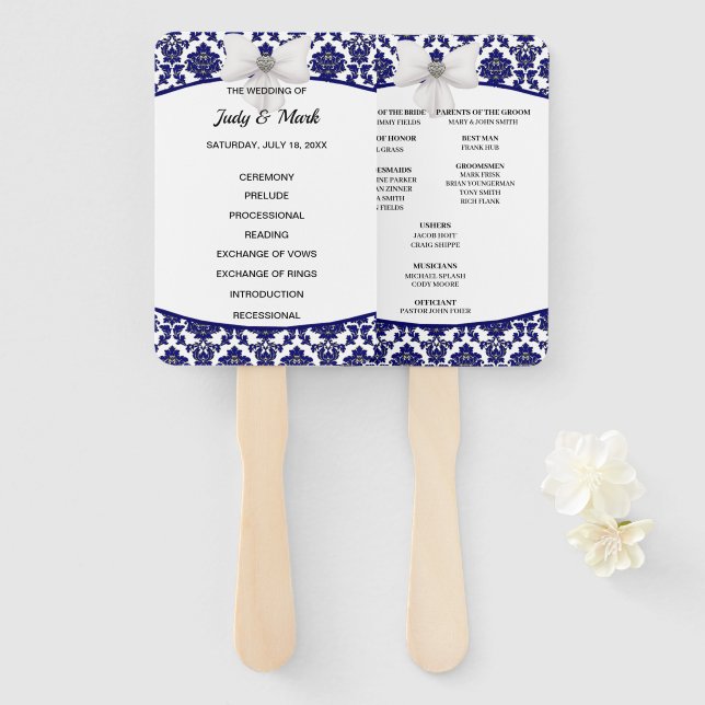 Abanico Programa de matrimonio elegante de la Marina Azul  (Anverso y reverso)