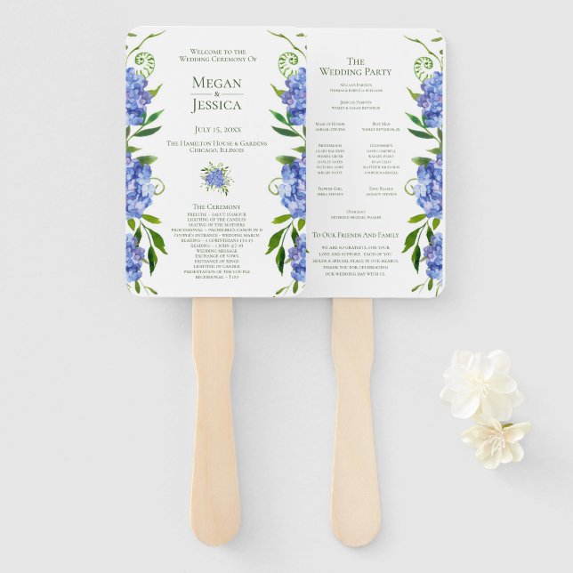 Abanico Programa de matrimonio floral LGBTQ Blue Hydrangea (Anverso y reverso)