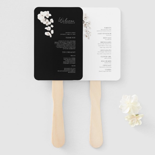 Abanico Programa de matrimonio floral para orquídeas blanc (Anverso y reverso)