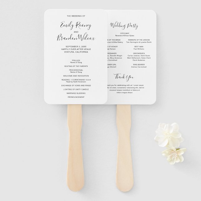 Abanico Programa de matrimonio moderno con guiones blancos (Anverso y reverso)