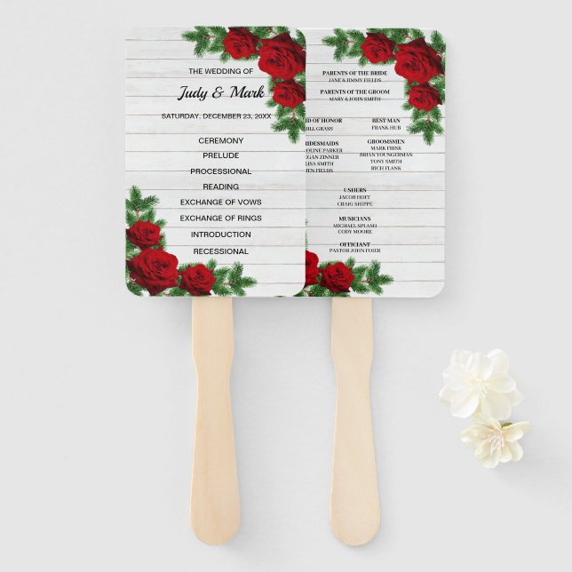 Abanico Programa de matrimonio para Navidades de Rosas Roj (Anverso y reverso)