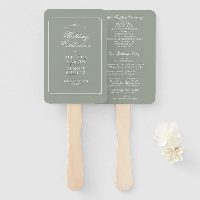 Abanico Programa de matrimonio Sage Green Classic Art Deco (Anverso y reverso)