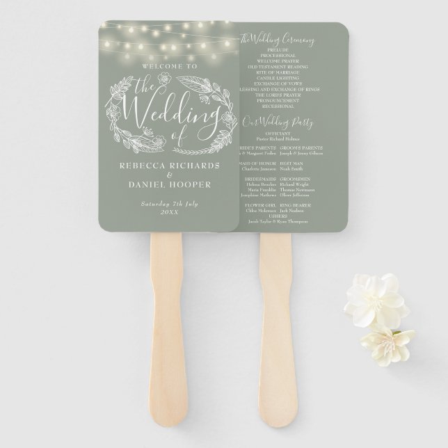 Abanico Programa de matrimonio Sage Green String Lights (Anverso y reverso)