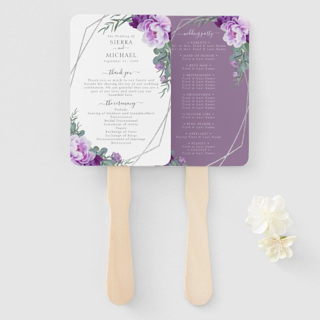 Abanico Programa de moda Floral Purple & Silver Wedding (Anverso y reverso)