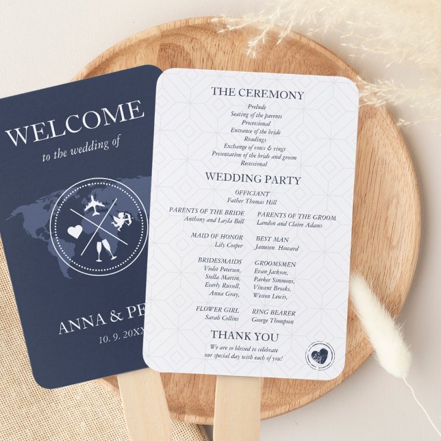 Abanico Programa de Pasaporte de Boda de Destino Azul de M (Travel Wedding Program Hand Fan)