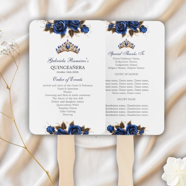 Abanico Programa de Quinceañera de Rosas Tiara Dorada Azul (Subido por el creador)
