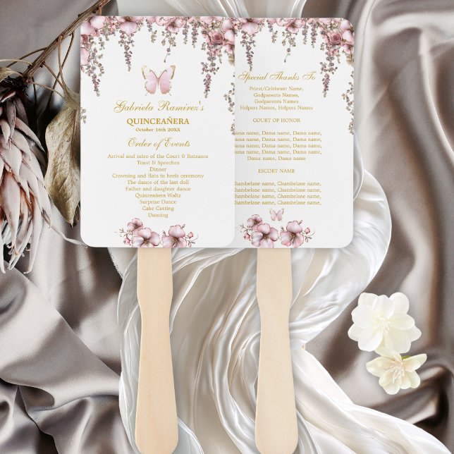 Abanico Programa de Quinceañera Mariposa Dorada Rosa Sonro (Subido por el creador)