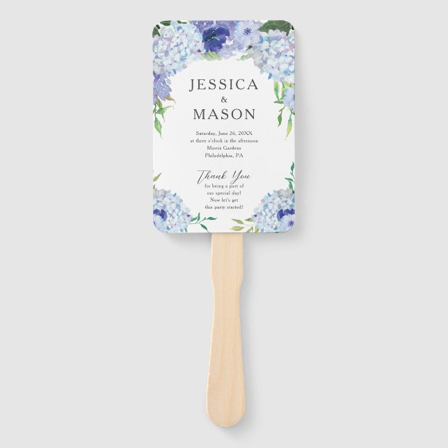 Abanico Programa de Ventiladores Bodas de Hidrangea Azul (Anverso)