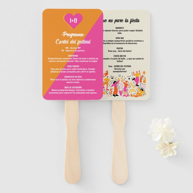 Abanico Programa Divertido Boda Festivalera Naranja y Rosa (Anverso y reverso)