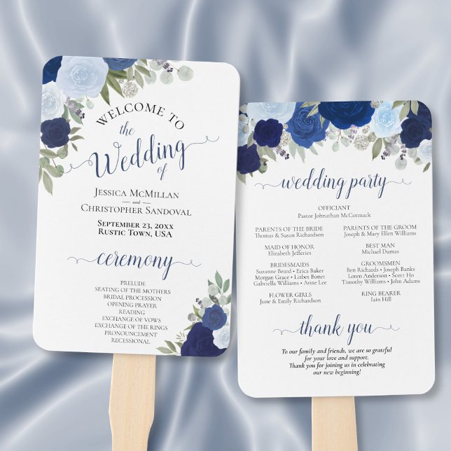Abanico Programa Dusty Blue & Navy Floral Elegant Wedding (Front/Back)