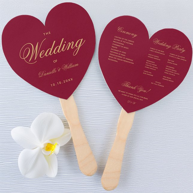 Abanico Programa Elegante de Boda Burgundy Heart Gold Scri (Subido por el creador)