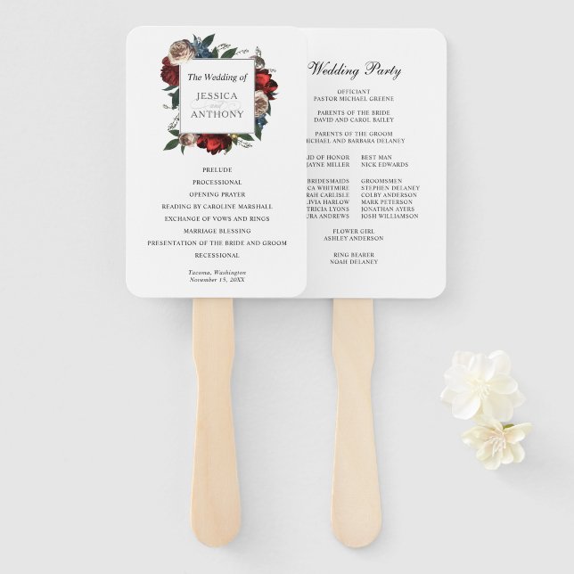 Abanico Programa Elegante de Boda de Marco Floral (Anverso y reverso)