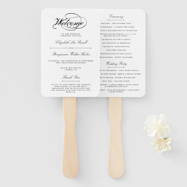 Abanico Programa Elegante de Boda en Guión Blanco y Negro (Anverso y reverso)